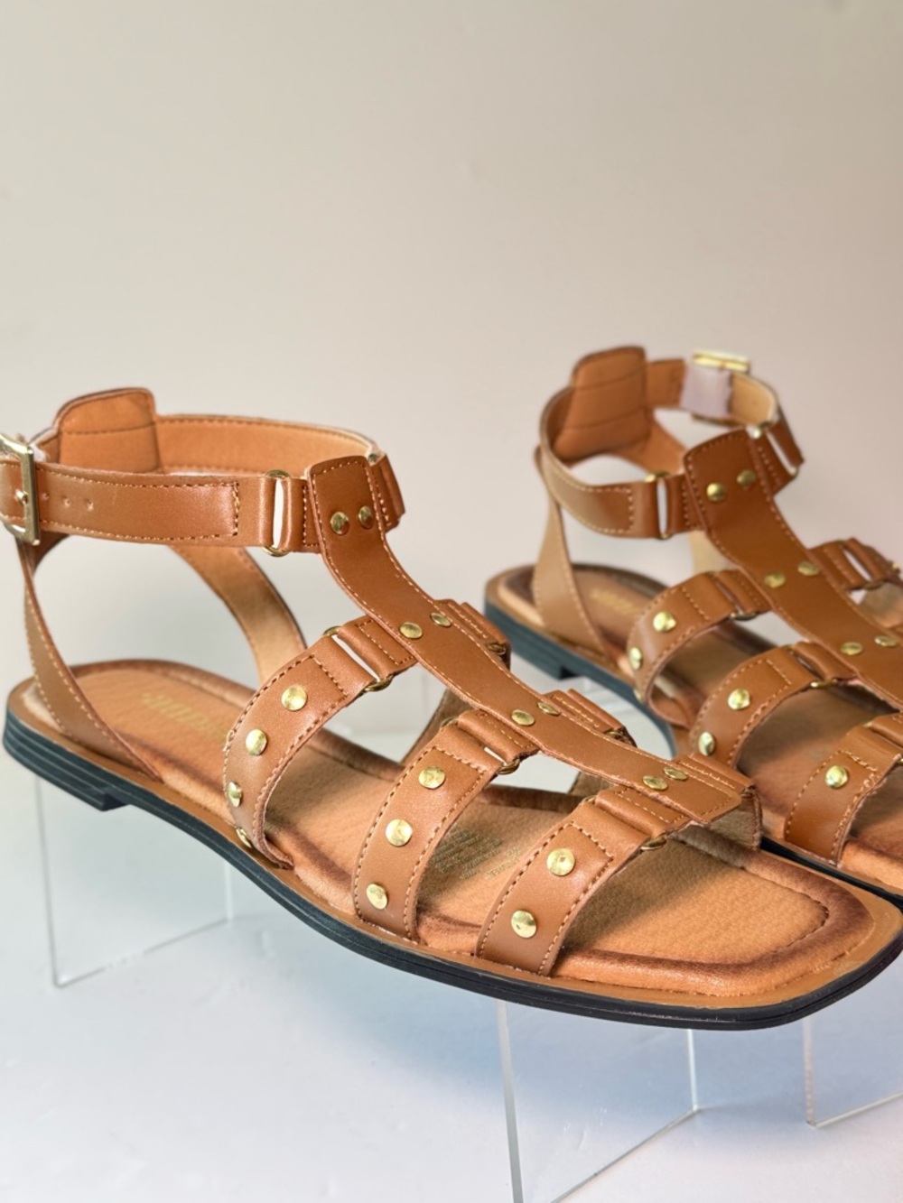 Women’s Tan Studded T-Strap Sandals
